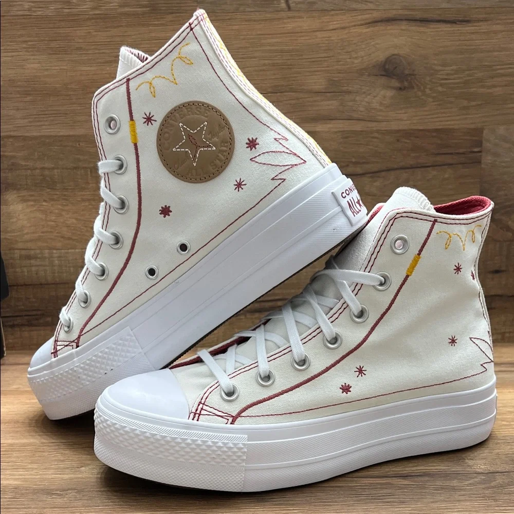 Converse White and Red Star High-Top platform Sneakers
